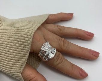 Silver Hammered Chunky Statement Pattern Ring-Mothers Day Gift For Her-Thumb Boho Thick Adjustable Ring-First Mothers Day Present-Moms