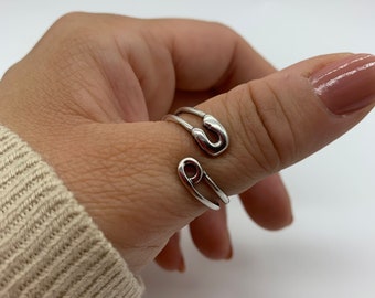 Silver Safety Pin Thumb Ring-Gift For Her-Wrap Bypass Statement Unique Paperclip Open Adjustable Ring-Mothers Day Gift-Jewelry for Women