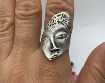 Bague visage en argent antique, bague ajustable abstraite en argent, bague grecque antique, bague empilable pour le pouce, cadeau Saint Valentin pour elle, bague décorative