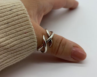 Chunky Silver Thumb Ring-Multi Layer -Dainty Ring For Women-Mothers Day Gift -Open Adjustable Ring-Thick Boho Weaved Layered Band