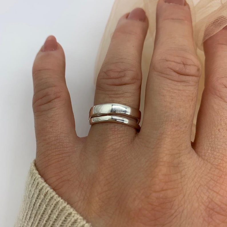 Silver Double Layer Dainty Ring-Stackable Thick Open Adjustable-Mothers Day Gift For Her-Thumb Layered Band Ring-Signet Ring-Present image 1