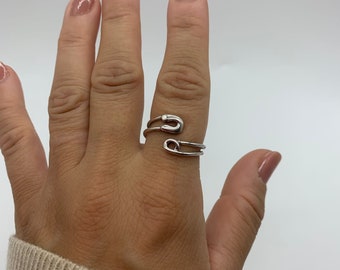 Silver Safety Pin Wrap Ring, Mothers Day Gift For Her, Bypass Statement, Unique Paperclip Ring, Thumb Adjustable Rings for Women