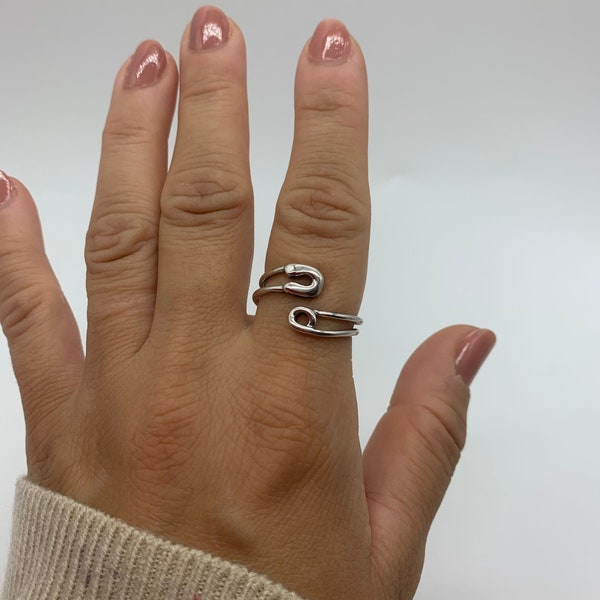 Bague argentée avec épingles à nourrice, cadeau fête des mères pour elle, déclaration de contournement, anneau unique pour trombone, anneaux réglables au pouce pour femme