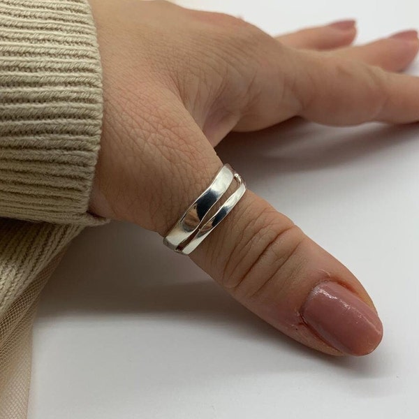 Silver Double Layer Ring-Thumb Ring-Chunky Stackable Thick Adjustable Ring-Mothers Day Gift For Her-Layered Band Ring-Mothers Day Present