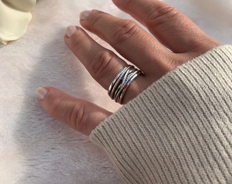 Chunky Silver Rings For Woman-Multi Layer Ring-Mothers Day Gift For Her-Dainty Ring-Thumb Adjustable Thick Boho -Weaved Layered-Jewelry