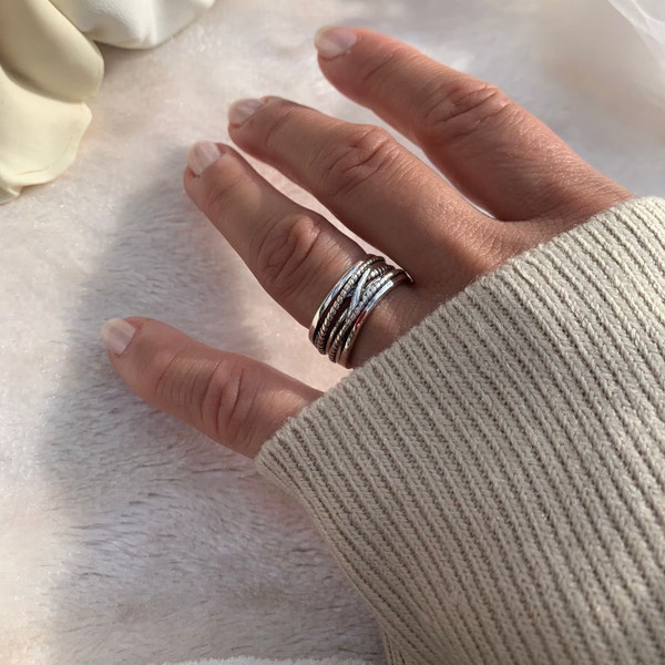 Grosses bagues en argent pour femme - Bague multi-couches - Cadeau fête des Mères pour elle - Bague fine - Bague pour le pouce réglable Boho épais - Bijoux tissés en superposition