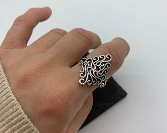 Silver Filigree Chunky Boho Ring-Gift For Her-Thumb Adjustable Open Ring-Thick Statement Rings for Women-Moms Gift-First Mothers Day Present