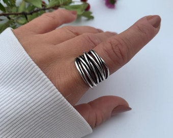 Chunky Silver Multi Layer Band Signet Ring, Thumb Weaved Layered Ring, Christmas Gift For Her, Thick Adjustable Ring, Dainty Jewellery