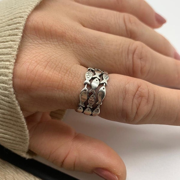 Silber Fisch Ring-Schwimmen Ring-Meer Ozean Ring-offenen verstellbaren Tier Ring-Mutter-Tage-Geschenk für ihren-Daumen dicken grobstrick Ring-Geschenk-für Mama