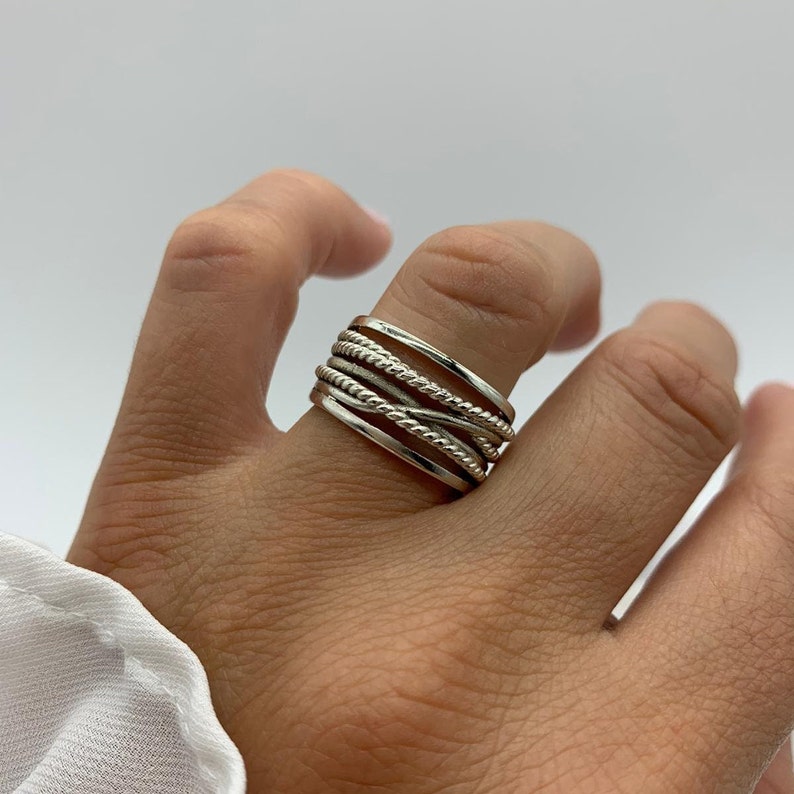 Daumen gewebte geschichtete Ring-Silber Multi-Layer-Ring-Dicker verstellbarer Ring-Chunky Boho Dainty-Schmuck für Frau-Mutter-Tagesgeschenk für Sie Bild 5