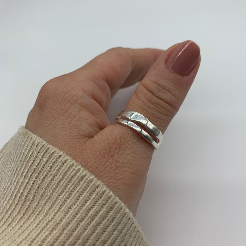 Silver Double Layer Chunky Stackable Thick Adjustable Ring-Thumb Ring-Christmas Gift For Her-Present-Jewelry For Woman-Layered Band image 6