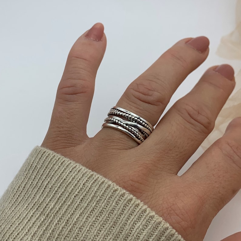 Chunky Silber Ringe für Frau-Multi-Layer-Ring-Mutter-Tagesgeschenk für sie-Zierliche Ring-Daumen einstellbar Dicke Boho Weaved Layered-Schmuck Bild 6