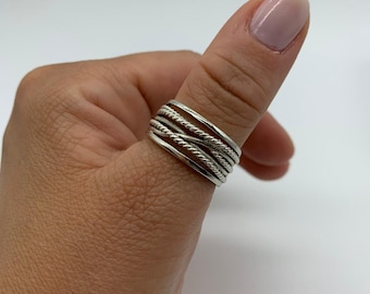 Klobiger mehrschichtiger Silberring, Muttertagsgeschenk für sie, dicker verstellbarer Ring, zierlicher Ring für Frauen, Daumen gewebter Schichtring