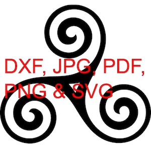Può includere: Simbolo triquetra in bianco e nero con tre spirali intrecciate. Il testo "DXF, JPG, PDF, PNG & SVG" è sotto il simbolo.
