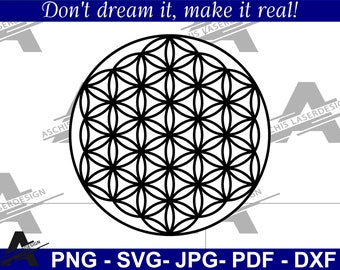 May include: Black and white geometric design of a flower of life pattern. The design is circular and has a repeating pattern of overlapping circles.