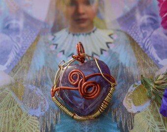 Copper Wire Wrapped Amethyst Heart Pendant
