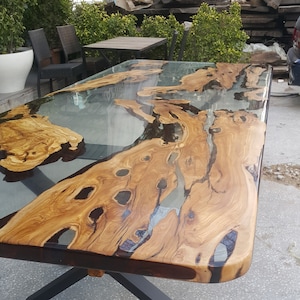 Epoxy Resin Table, Olive Wood Clear Epoxy Dining Table, Custom Live Edge Olive Epoxy Dining Table, Made to Order Resin Dine Table