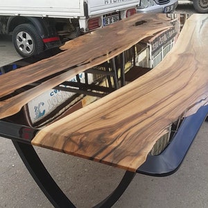 Custom Walnut River Table, Black Epoxy Resin, Metal Legs