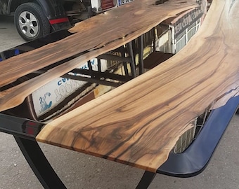 Custom Walnut Epoxy Resin River Table with Metal Legs & Custom Demo Frames, Black Epoxy Resin, Made to Order Tables