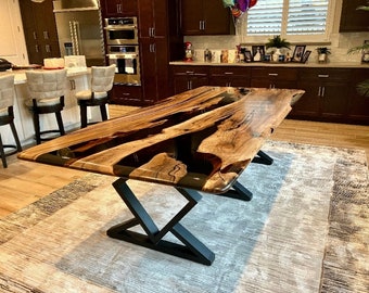 Custom Walnut Epoxy Resin Table with Metal Legs & Custom Demo Frames, Black Epoxy Resin, Made to Order Tables