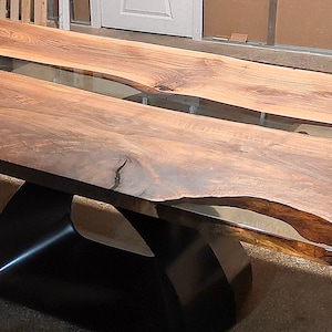 Made to Order Custom Epoxy Resin River Live Edge Dining Table with Tulipe Base, Handmade Clear Epoxy Furniture, Solid Large Walnut Table
