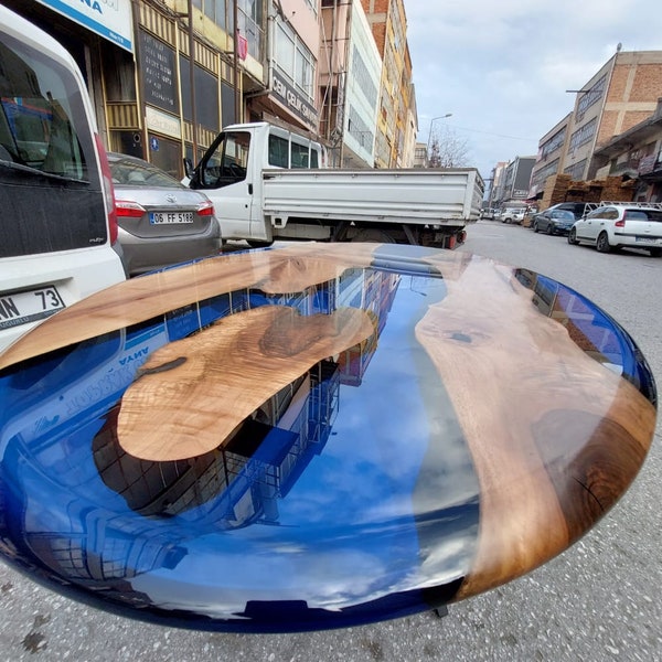 Custom Oval Blue Clear Epoxy Resin River Dining Table, Solid Walnut Wood Dining Table, Custom Live Edge Blue Resin Dine Table, Large Table.