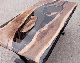 Benutzerdefinierte Rauchgrau Epoxidharz River Tisch, Massiver Walnuss Holz Esstisch, Live Edge Großer Holztisch, Handgefertigte Epoxidharz Möbel