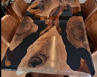 Custom Epoxy Resin Handmade Table, Solid Walnut Wood Ultra Clear, Black Large Wooden Dining Table, Handmade Epoxy Table