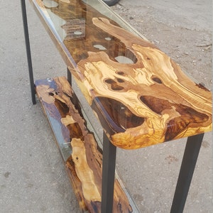 Made to Order Custom  Olive Wood Ultra Clear Epoxy Console Table, Solid Olive Wood Dining Table