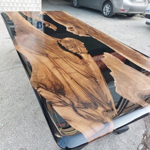Walnut Epoxy Resin Table with Metal Legs & Custom Demo Frames, Black Epoxy Resin, Made to Order Tables