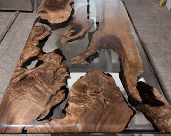 Custom Epoxy Resin River Table, Solid Walnut Wood  Dining Table, Live Edge Large Wooden Table, Handmade Ultra Clear Epoxy Furniture