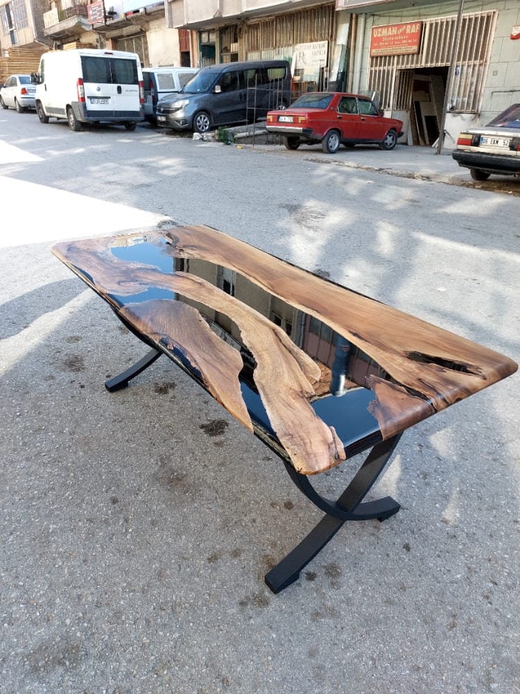 Custom Black Epoxy Resin River Table, Solid Walnut Wood Dining Table, Live Edge Large Wooden Table, Handmade Table