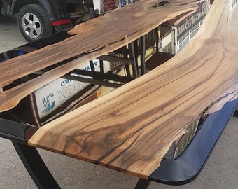 Custom Black Epoxy Resin River Table, Solid Walnut Wood  Dining Table, Live Edge Large Wooden Table, Handmade Epoxy Table