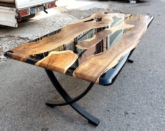 Custom Epoxy Resin River Table, Solid Walnut Wood Dining Table , Live Edge Large Wooden Table, Handmade Epoxy Furniture