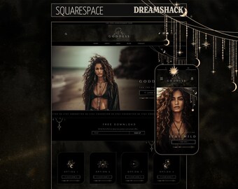 Op de afbeelding: Een website-ontwerpmodel met een donker thema, met het woord "Goddess" in de header. Het ontwerp bevat een foto van een vrouw op een strand, een mobiele telefoon display en decoratieve hemelse elementen.