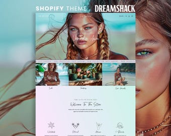 Tema tropical para Shopify, plantilla web bohemia, diseño para tienda de trajes de baño, tema de comercio electrónico costero, plantilla de Shopify para marcas de verano, sitio web en tonos pastel.