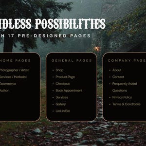 May include: Image with the text "ENDLESS POSSIBILITIES WITH 17 PRE-DESIGNED PAGES". The image is divided into three sections: Home Pages, General Pages, and Company Pages, each listing various page types.