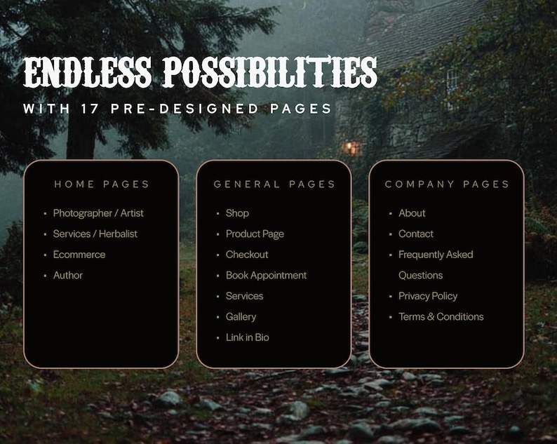 May include: Image with the text "ENDLESS POSSIBILITIES WITH 17 PRE-DESIGNED PAGES". The image is divided into three sections: Home Pages, General Pages, and Company Pages, each listing various page types.
