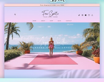 May include: A website interface for Dream Shack featuring a pastel gradient header, a navigation menu, and a hero section displaying a person standing on a pink yoga mat overlooking the ocean with the text Yoga in London Classes for all levels.