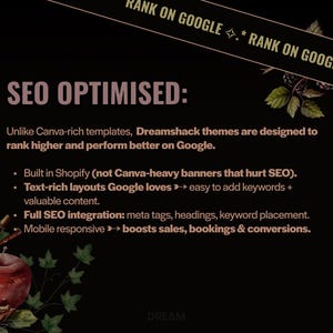 May include: A dark background with text that reads "SEO OPTIMISED:" and bullet points about SEO integration. The image includes decorative floral elements and the text "RANK ON GOOGLE" in a banner.