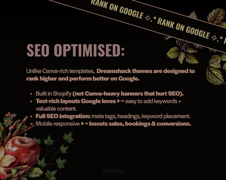 May include: A dark background with text that reads "SEO OPTIMISED:" and bullet points about SEO integration. The image includes decorative floral elements and the text "RANK ON GOOGLE" in a banner.
