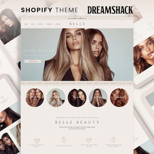 Op de afbeelding: Een website-ontwerp voor een beautymerk, met een lichtbeige kleurenschema. Het ontwerp bevat afbeeldingen van vrouwen met lang haar, productpresentaties en de tekst "BELLE" en "DREAMSHACK". Het ontwerp wordt weergegeven op meerdere tablets.