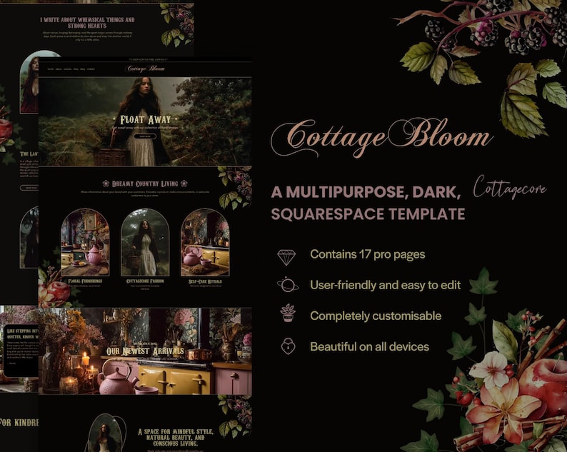May include: A dark, elegant Squarespace template design with the text "Cottage Bloom." The design features a woman in a forest, interior design elements, and floral accents. The template is multipurpose and easy to edit.