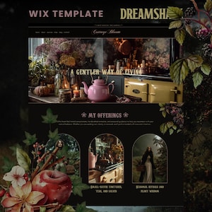 以下が含まれることがあります： 暗い美学のウェブサイトテンプレートデザイン。「WIX TEMPLATE」と「DREAMSHA」の文字が上部に表示されています。ピンクのティーポットが、ろうそくと瓶のあるテーブルの上に置かれています。下部には、「SMALL-BATCH TINCTURES, TEAL AND SALVES」などのテキストを含む3つの画像パネルがあります。