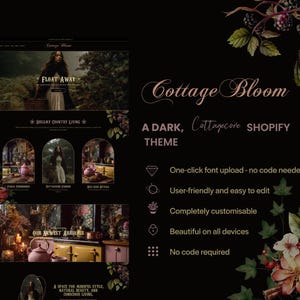 Op de afbeelding: Een donker Shopify-thema genaamd "Cottage Bloom" met een cottagecore-esthetiek. De afbeelding toont een website-ontwerp met de tekst "FLOAT AWAY" en "DREAMY COUNTRY LIVING". Extra tekst benadrukt functies zoals uploaden van lettertypen met &eacute;&eacute;n klik.