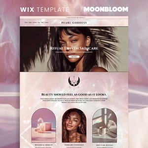 May include: A website template design with the text "WIX TEMPLATE" and "MOONBLOOM" at the top. The website features the text "PEARL GODDESS" and "RITUAL DRIVEN SKINCARE". The design includes images of skincare products and a woman.