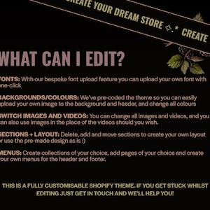 Op de afbeelding: Een donkere achtergrond met lichtpaarse tekst die de bewerkbare functies van een Shopify-thema beschrijft. De tekst bevat opties voor lettertypen, achtergronden, afbeeldingen, video's, secties, lay-out en menu's. Bloemenversieringen bevinden zich in de rechterbovenhoek.