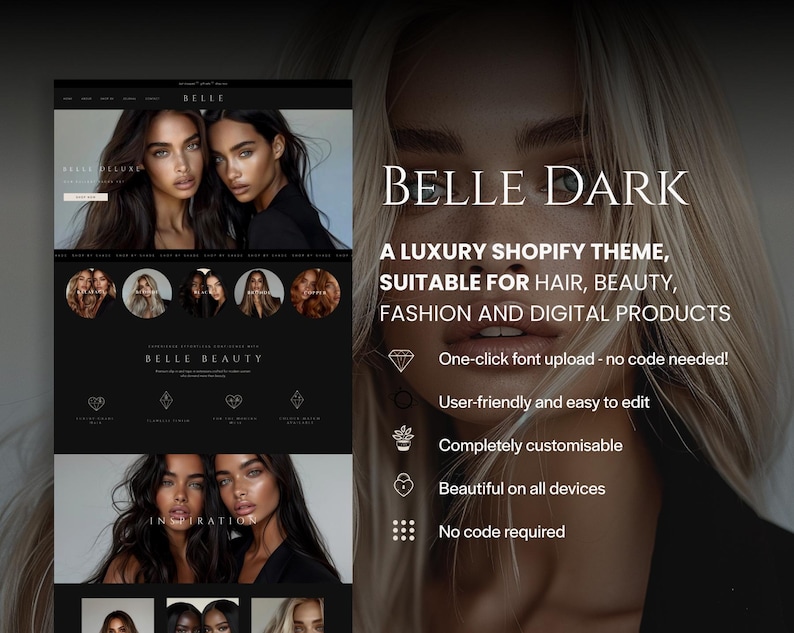 Op de afbeelding: Een website-ontwerp met de tekst "BELLE DARK" en de slogan "A LUXURY SHOPIFY THEME, SUITABLE FOR HAIR, BEAUTY, FASHION AND DIGITAL PRODUCTS." Het ontwerp bevat afbeeldingen van vrouwen en pictogrammen.