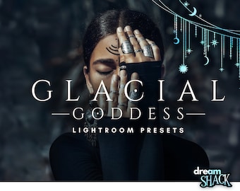 May include: Image featuring the text "GLACIAL GODDESS LIGHTROOM PRESETS" in white font. A person's face is partially visible, with hands adorned with rings covering the eyes. The background is a dark, blurred image.