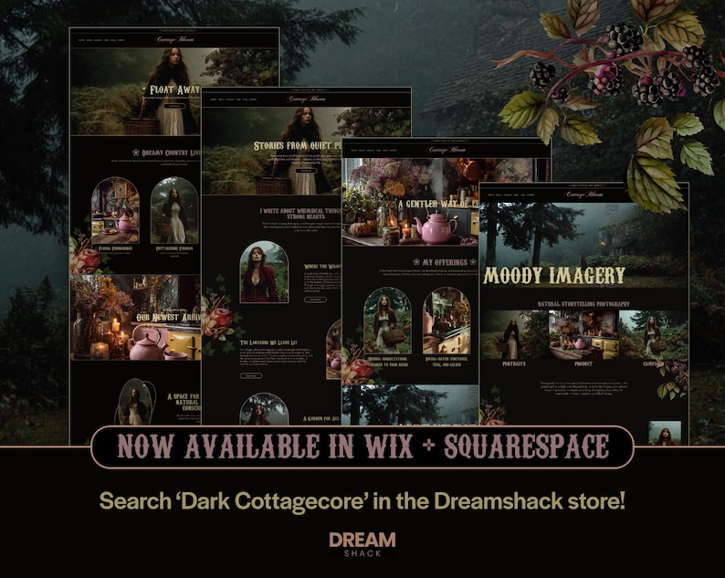 May include: A promotional image featuring website mockups with a dark, moody aesthetic. The designs showcase photography and text, with phrases like "Float Away" and "Moody Imagery." The bottom banner reads "Now Available in Wix + Squarespace."